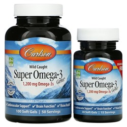 Carlson Labs, Wild Caught Super Omega-3 Gems, высокоэффективная омега-3 из морской рыбы, 600 мг, 100 плюс 30 капсул