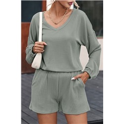 Grass Green Corded V Neck Slouchy Top Pocketed Shorts Set