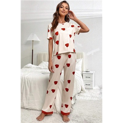 White Valentines Heart Print Lace Hem Tee Pants Pajama Set