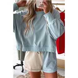 Sky Blue Split Hem Sweatshirt Color Block Shorts Set