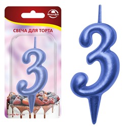 Свеча для торта "Овал" цифра 3 (синий), 8х4х1,2 см. NEW