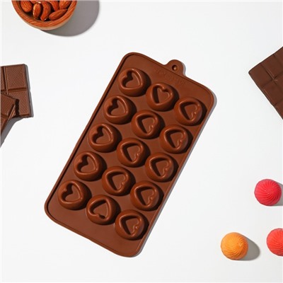 Форма для конфет и шоколада Доляна «Сердце», силикон, 23,2×12×1 см, 15 ячеек (d=3,3 см), цвет коричневый