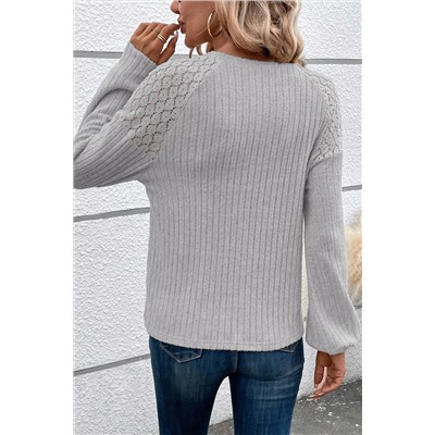 Gray Contrast Lace Raglan Sleeve Buttoned Ribbed Top