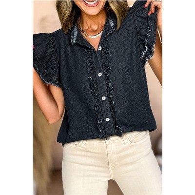 Black Button Front Ruffled Flutter Frayed Denim Top