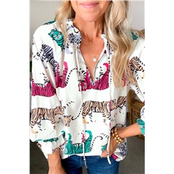 White Colorful Tiger Print Ruffled Lantern Sleeve Blouse