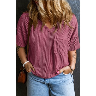 Rose Pink Textured V-Neck Dropped Shoulder Plus T-Shirt