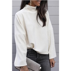 Snow White Ribbed High Neck Drop Shoulder Loose Top