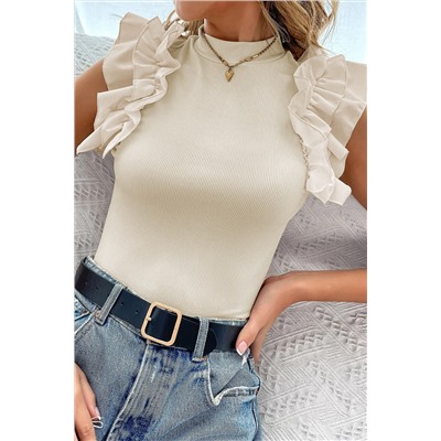 Beige Ruffle Flutter Sleeve High Neck Ribbed Blouse