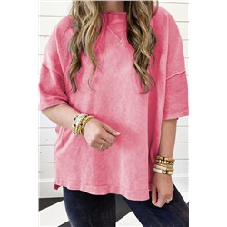 Strawberry Pink Mineral Wash Drop Sleeve Patchwork Plus Tee