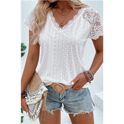 White Sheer Lace Short Sleeves Eyelet Embroidered Tee