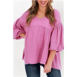 Pink Crinkle Bubble Sleeve Raw Hem Babydoll Blouse