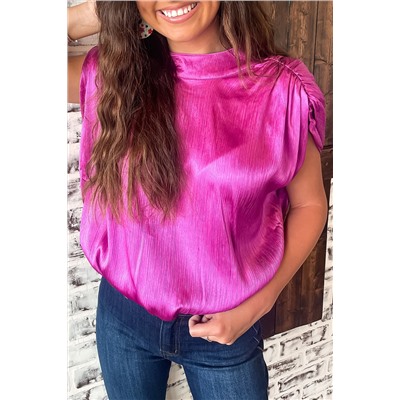 Bright Pink Ruched Sleeves Knotted Backless Blouse