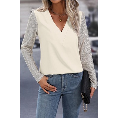 White Sequined Sleeves Patchwork V Neck Blouse