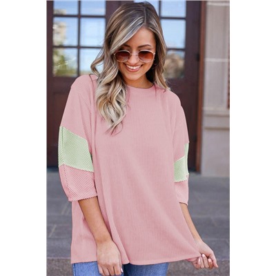 Light Pink Color Block Ribbed Knit Quarter Sleeve Top