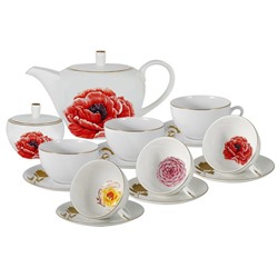 Сервиз чайный "Flowers" (Мак) 14 предметов: 6 чашек 0.25л, 6 блюдец, чайник 1.2л, сахарница 0.25л в