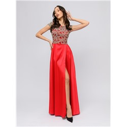 Платье красного цвета длины макси с кружевом и разрезом на юбке