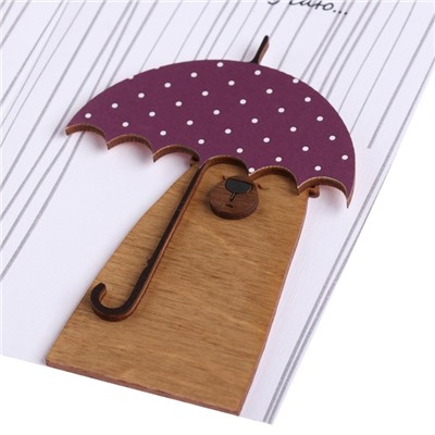 Открытка с деревянным элементом "Скучаю..." ручная работа, зонт, 14,7х10,5 см