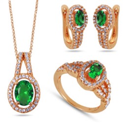 Комплект: кулон, серьги, кольцо (вставки: Цирконы, зеленые; покрытие: Золото, розовое)