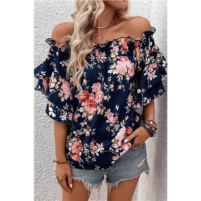 Blue Ruffle Off Shoulder Flounce Sleeve Floral Blouse