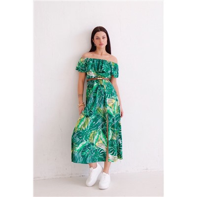 12329 Платье с тропическим принтом зелёное