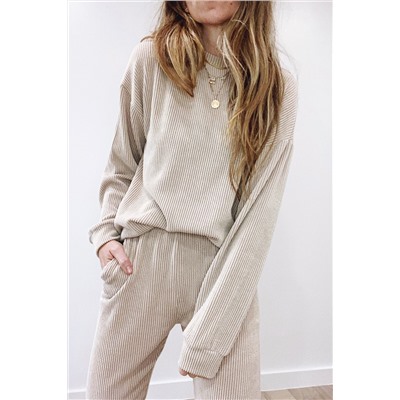 Apricot Pocketed Drop Shoulder Corded Sweat Suit