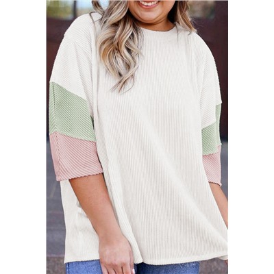 White Textured Colorblock Patchwork Half Sleeve Plus T Shirt