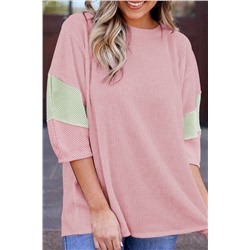 Light Pink Color Block Ribbed Knit Quarter Sleeve Top