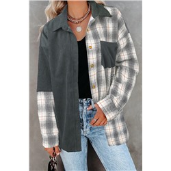 Gray Plaid Color Block Button-up Oversize Corduroy Shirt