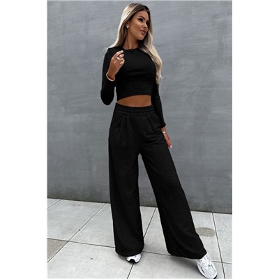 Black Crop Top and Wide Leg Pants Two Piece Set