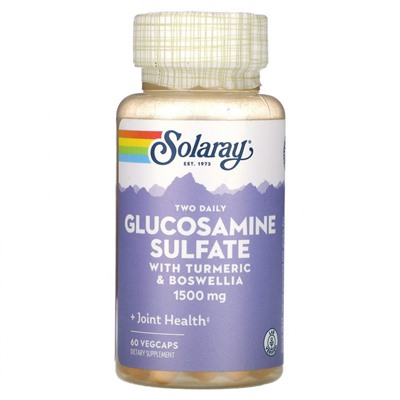 Solaray, Сульфат глюкозамина, с куркумой и босвеллией, 750 мг, 60 растительных капсул