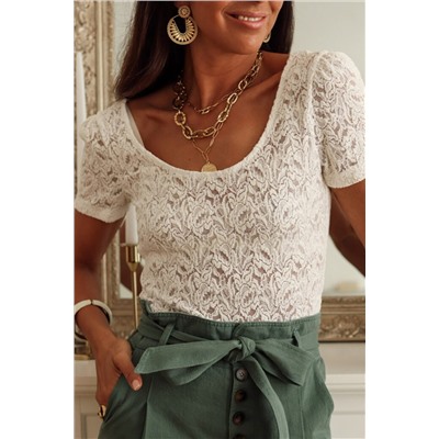 White Lace Short Sleeve Scalloped Trim Open Back Bodysuit