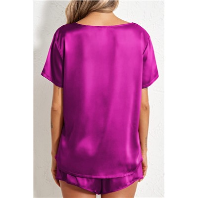 Bright Pink Satin V Neck Tee and Drawstring Shorts Set