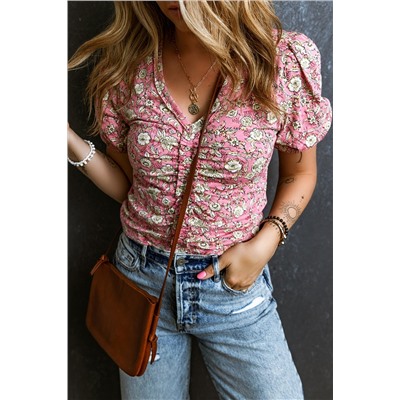 Pink Floral Short Puff Sleeve V Neck Ruched Blouse