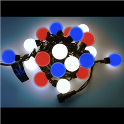 Светодиодная гирлянда Большие Шарики Триколор 40 мм 20 белых, синих и красных LED ламп 5 м, черный ПВХ, соединяемая, IP54 (Rich Led)