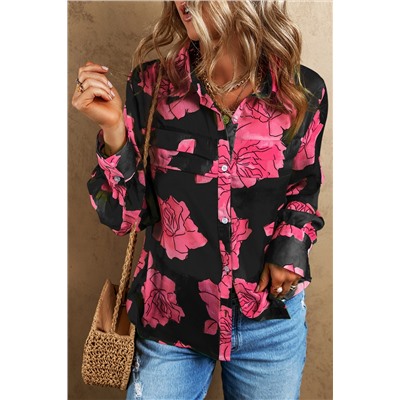 Black Floral Print Pleated Detail Puff Sleeve Shirt