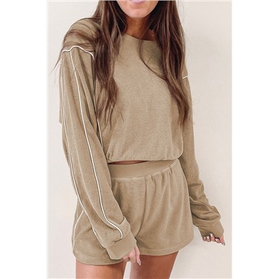 Khaki Piping Trim Long Sleeve Terry Shorts Set