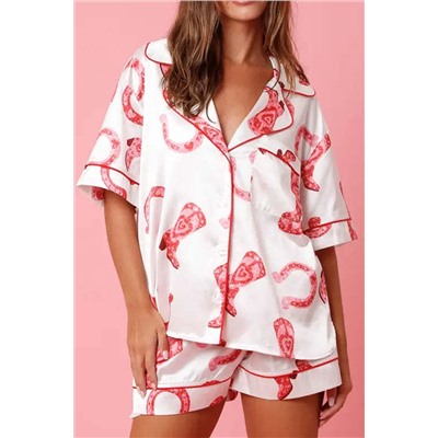 White Full Pattern Shirt and Shorts Satin Pajama Set