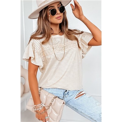 Apricot Striped Lace Splicing Ruffle Sleeve T-shirt