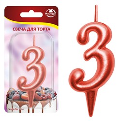 Свеча для торта "Овал" цифра 3 (красный), 8х4х1,2 см. NEW