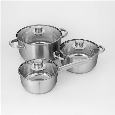 Набор посуды из нержавеющей стали Доляна «Гретте», 3 предмета: сотейник 1,5 л, d=16 см, кастрюли 2 л, 4 л, d=18 см, d=22 см, крышки