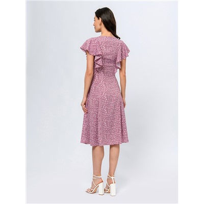 Платье лилового цвета длины миди с цветочным принтом и короткими рукавами