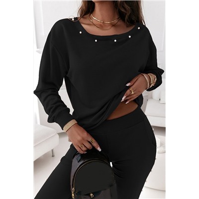 Black Beaded Decor Pullover and Jogger Pants Set