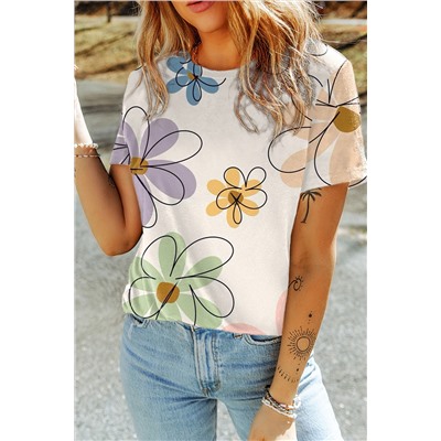 Beige Summer Flower Print Casual Round Neck T Shirt