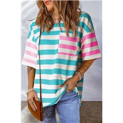 Blue Stripe Contrast Patch Pocket Drop Sleeve T Shirt