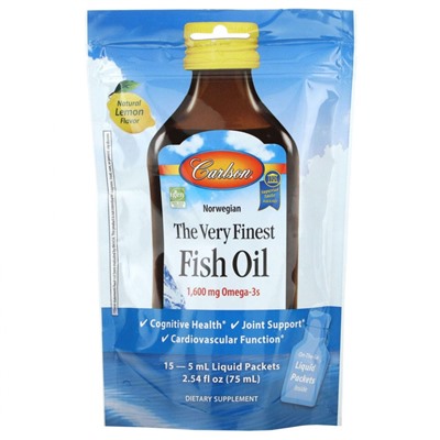 Carlson, Norwegian, The Very Finest Fish Oil, Natural Lemon, 1,600 mg, 15 Packets, (5 ml) Each