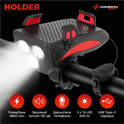 Фонарь передний COMIRON "HOLDER" ABS, IPX5; 3*T6 LED 400lm 4800mAh USB индикатор заряда POWER BANK сигнал 130Дб крепление смартфона красный /уп 20/80/