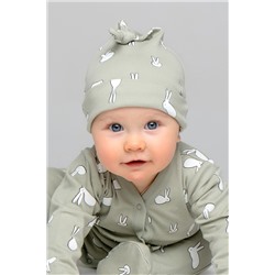 шапка для новорожденных  К 8036/смешные зайки на темно-оливковом