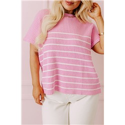 Pink Stripe Ribbed Loose Plus T Shirt