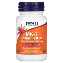 NOW Foods, MK-7, витамин K-2, повышенная сила действия, 300 мкг, 60 растительных капсул