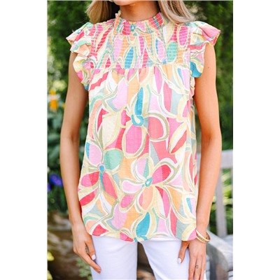 Yellow Abstract Print Smocked Collar Ruffled Sleeve Blouse